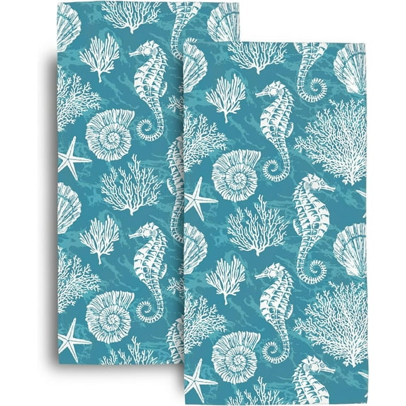 Bath Hand Towels Seahorse Corals Teal Green Bathroom Towels Decorative Set of 2 Soft Hand Towel for Bathroom Sports Gym Yoga Home Nautical Bathroom Decor 14x28 Inch