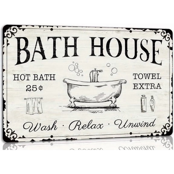 Bath House Vintage Metal Tin Sign - Relaxing Farmhouse Bathroom Wall Decor with Hot Bath Towel Extra Wash Relax Unwind Plaque Retro Home Decor Gift 8x12 inches