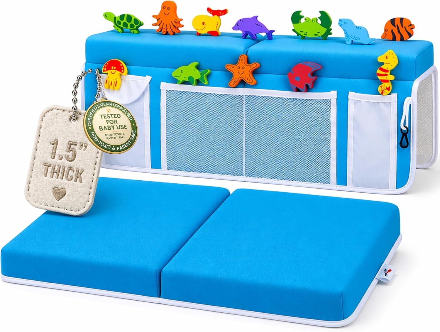 Bath Kneeler –8 Suction Cups & 1.5" Padding.Certified Non Toxic Bath Kneeling Pad for Bath Tub & 5 Bath Organizer. Fast Dry Baby Bath Kneeler and Elbow Rest Pad Set by -Blue