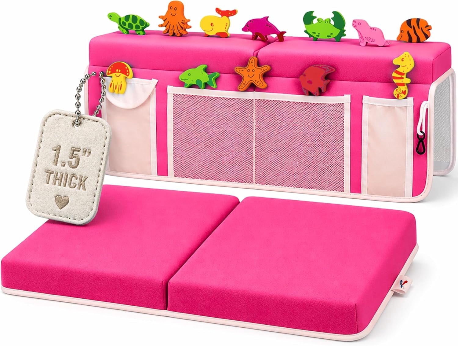 Bath Kneeler –8 Suction Cups & 1.5" Padding.Certified Non Toxic Bath Kneeling Pad for Bath Tub & 5 Bath Toy Organizer. Fast Dry Baby Bath Kneeler and Elbow Rest Pad Set Pink