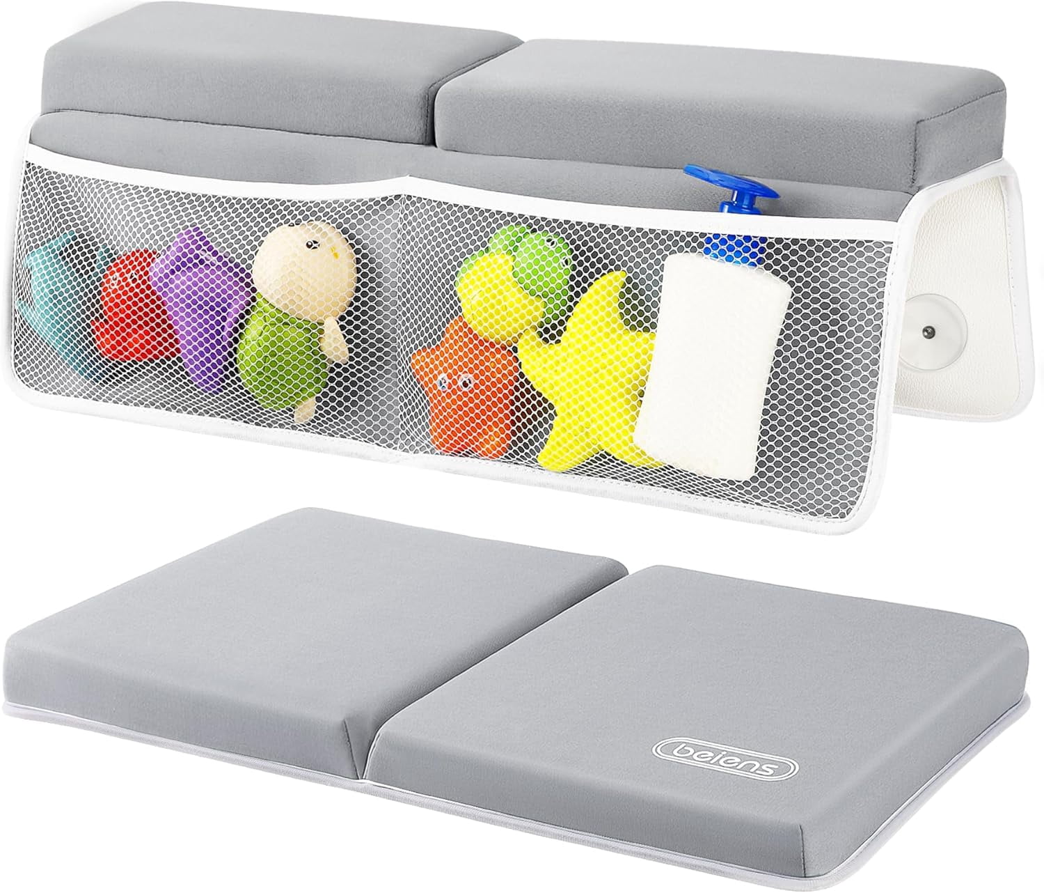 Bath Kneeler and Elbow Rest Pad Set - 1.5'' Comfortable Baby Bath Kneeler Pads, Thick Quick Dry Kneeling Pad Support for Knee& Arm, Large Bathtub Mat with Toy Organizer for Happy Baby Bath Time