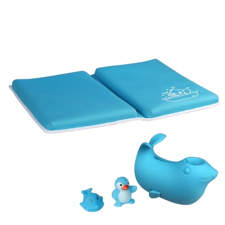 Bath Kneeler Pad - Foldable Mat - Blue Sea Lions - Kids Bathroom - 1.5-inch Thick + Toys