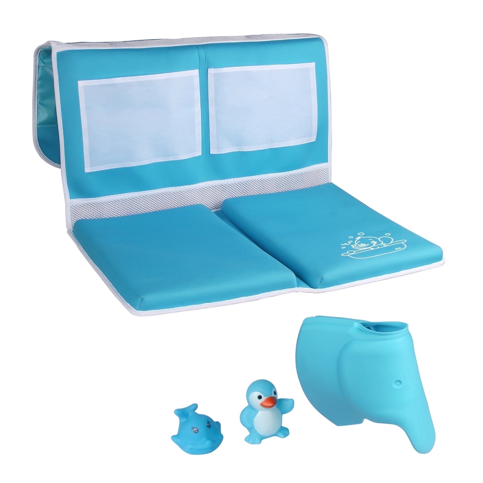 Bath Kneeler and Elbow Rest Pad Set - Bath Kneeling Mat with Toy Organizer - Bath Spout Cover Blue Elephant - Free Bathtub Toys
