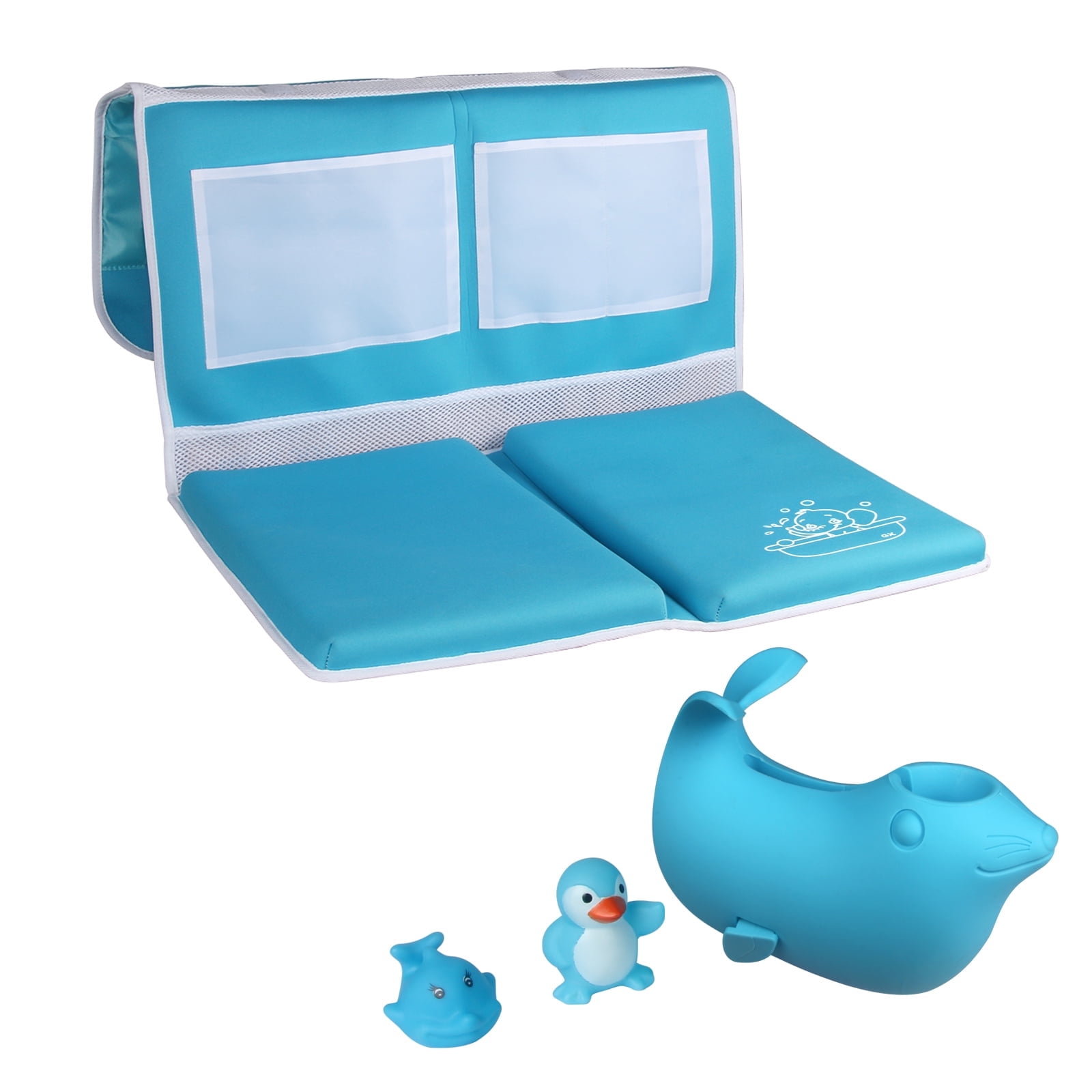 Bath Kneeler and Elbow Rest Pad Set - Bath Kneeling Mat with Toy Organizer - Bath Spout Cover Blue Sea Lions