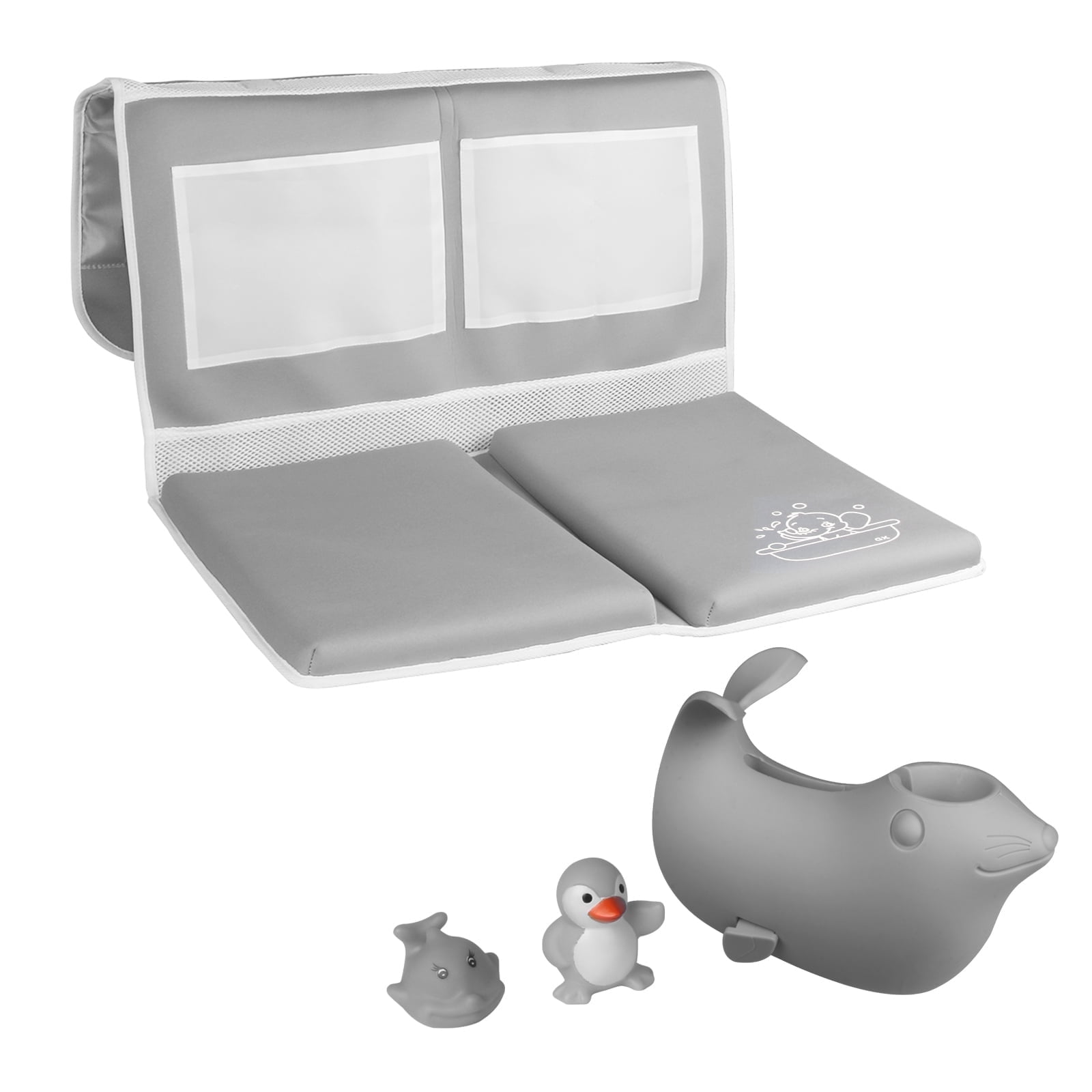 Bath Kneeler and Elbow Rest Pad Set with Toy Organizer - Bath Spout Cover Gray Sea Lions