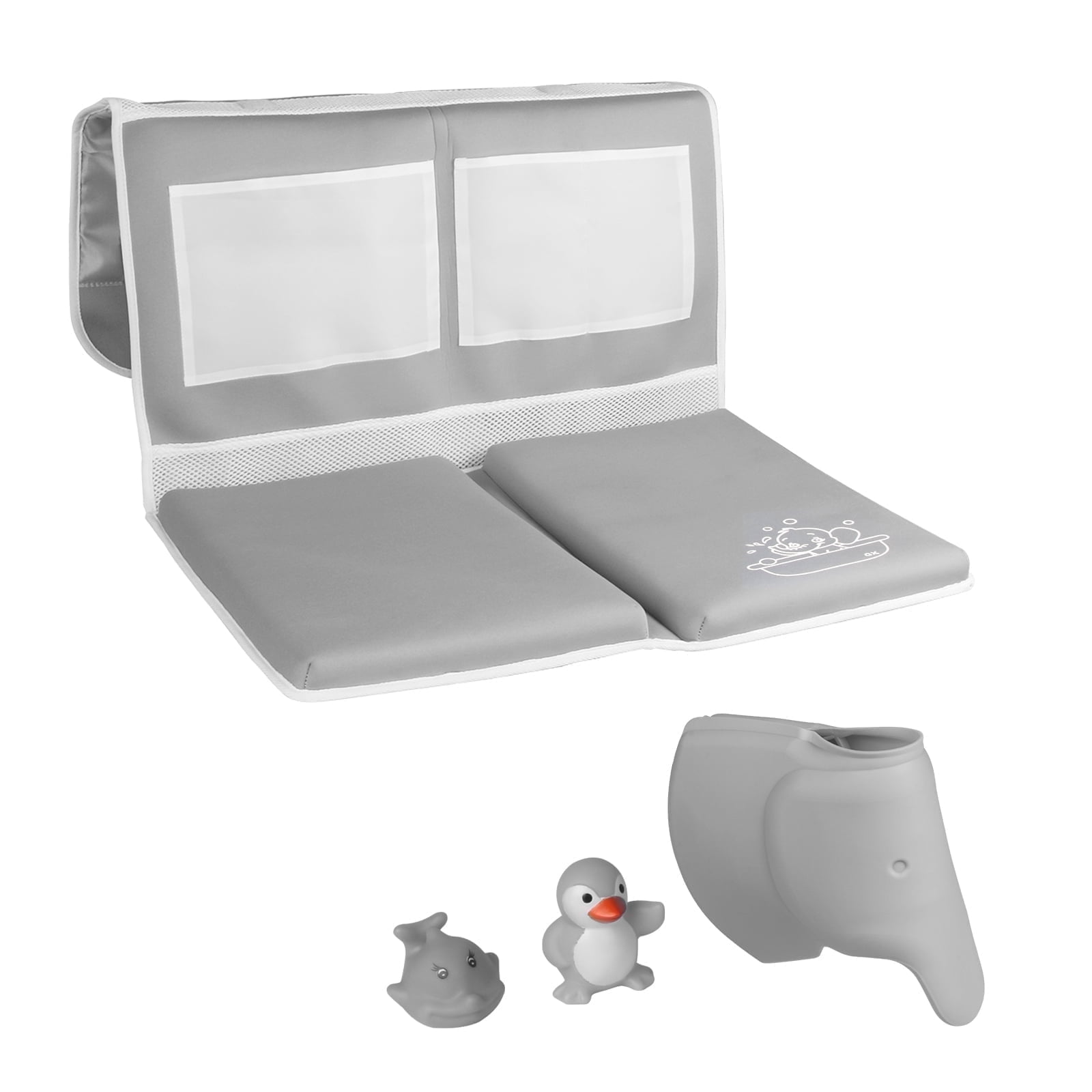 Bath Kneeler and Elbow Rest Pad Set with Toy Organizer -Bath Tub Pad - Bath Spout Cover Gray Elephant - Free Bathtub Toys