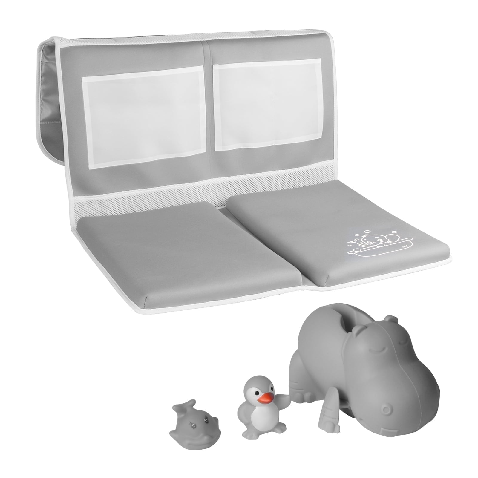 Bath Kneeler and Elbow Rest Pad Set with Toy Organizer - Bath Tub Pad - Bath Spout Cover Gray Hippo - Free Bathtub Toys