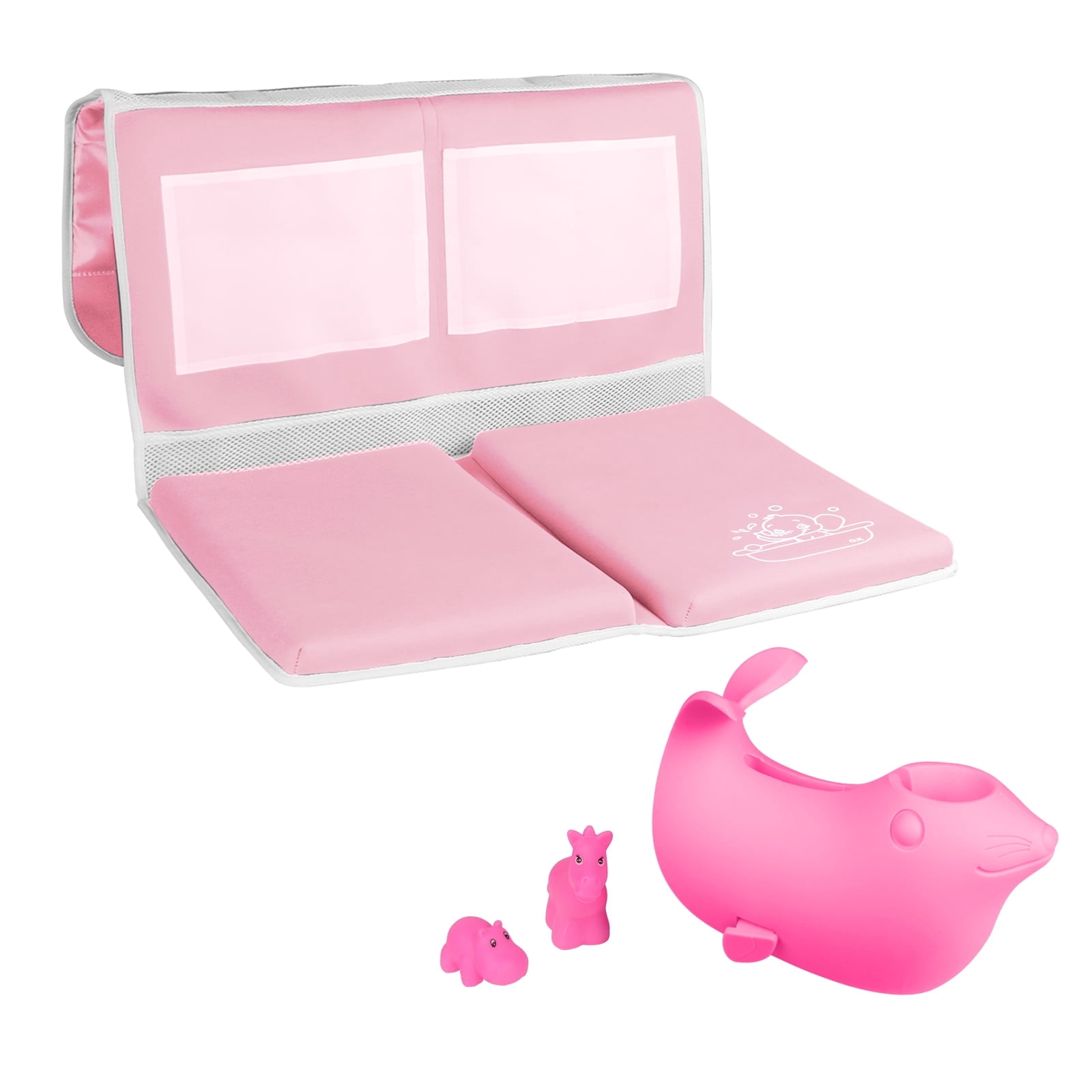 Bath Kneeler and Elbow Rest Pad Set with Toy Organizer - Bath Tub Pad - Bath Spout Cover Pink Sea Lions