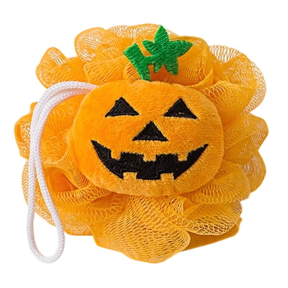 Bath Loofah, Halloween Pumpkin Decor, Halloween Bathroom Decor, Shower Scrubber, 1Pc 4 Inch Diameter Pumpkin Shape Soft Net Pouf with Hanging Loop, Fun Jack-O'-Lantern Body