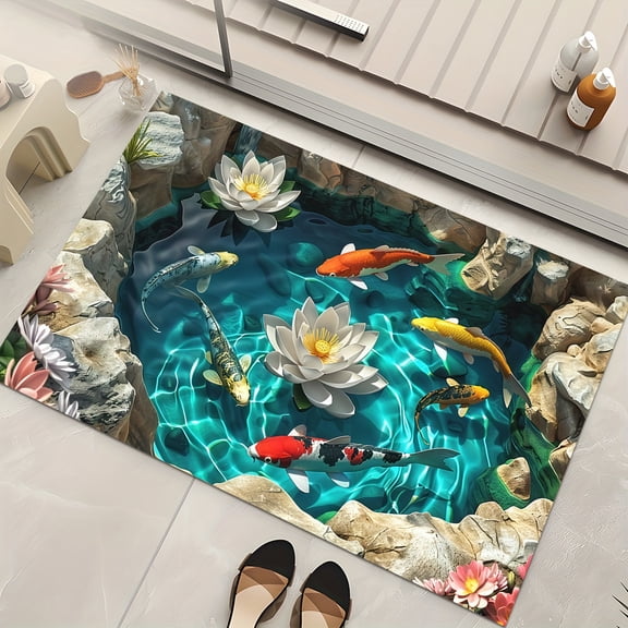 Bath Mat - 1pc Koi and for Lotus Pattern Bath Mat, Flannel Material, Soft and Comfortable Carpet, Machine Washable. Suitable for Bedroom Decoration, Living Room Decoration, Bathroom Decoration