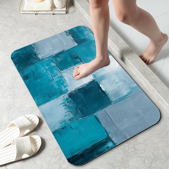 Bath Mat 29.5"x17",Turquoise Grey Abstract Art Painting Slim Low-Profile Fast Drying Super Absorbent Bathroom Rug with Non-Slip Backing,Easy-Clean Modern Floor Mat for Tub,Shower,or Entryway