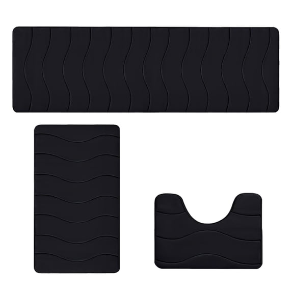 Bath Mat 3-Piece Set Non Slip Black Wave Pattern 16x24 16x20 16x47 Inch Soft Absorbent Bathroom Rugs with Latex Backing