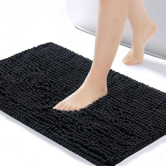 Bath Mat 32‘x20‘, High Pile Chenille, Soft Absorbent Microfiber Rug, Non-Slip Black