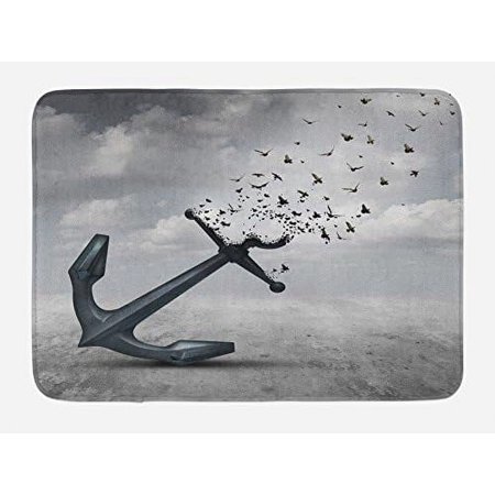 Bath Mat, Anchor Turns Into Group Of Flying  Seagulls For And Hope Mood Graphic Art, Plush Bathroom Decor Mat With Non Slip Backing, 29.5" X 17.5", Grey