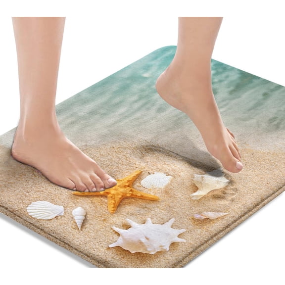 Bath Mat for Bathroom, Beach Starfish Sea Shell Pattern Washable Floor Rug, Soft Absorbent Non-Slip Carpet for Kitchen, Bedroom, Indoor, Shower, Door, Pet Area, 16x24''