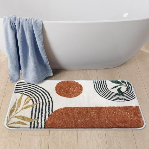 Bath Mat for Bathroom Boho Plant Green Brown Shaggy Bathroom Mat Non Silp Water Absorbent Bath Rug Soft Washable Floor Rug Round Lines Leaf for Tub Showers Laundry Room Decor