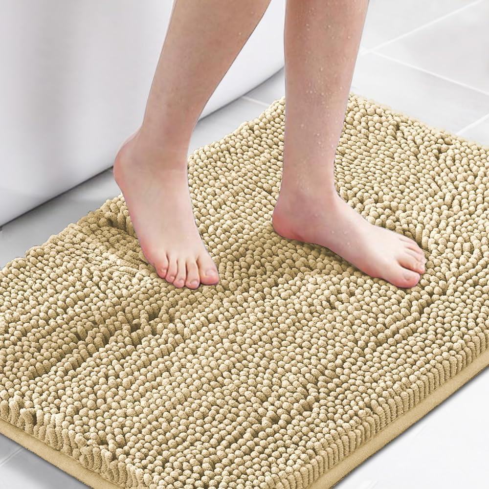 Bath Mat for Bathroom Non Slip Luxury Chenille Ultra Soft Bath Rugs 24x36 Absorbent Non Skid Shaggy Rugs Washable Dry Fast Plush Area Carpet Mats for Indoor, Bath Room, Tub - Beige