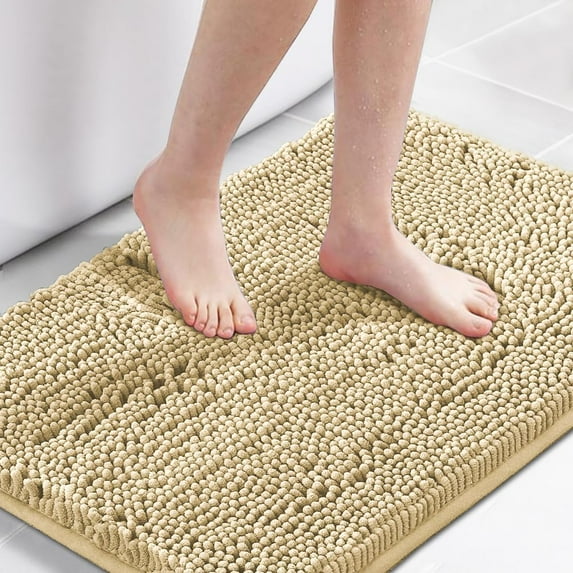 Bath Mat Bathroom Rug Bath Rugs for Bathroom Non Slip Bath Mats Extra Thick Chenille Rug 17" x 24" Absorbent Soft Shaggy Washable Dry Fast Plush Rugs for Bathtubs - Beige