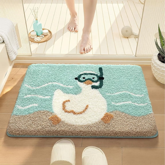 Qjidjing Bath Mat, Bathroom Rug, Duck Pattern, Furry Soft Surface, Quick Dry & Non-slip, Bathroom Door, Shower Room, Household Floor
