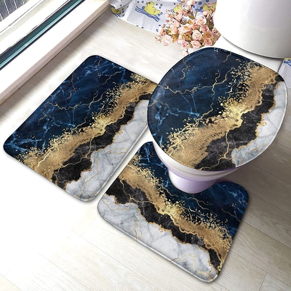 Bath Mat for Bathroom Rugs Navy Blue Marble Gold Abstract Sets 3 Piece Shower Mats Memory Foam Non Slip Toilet Tub Floor Rug Soft Thick Light Luxury Absorbent Washable for Home Hotel Decor