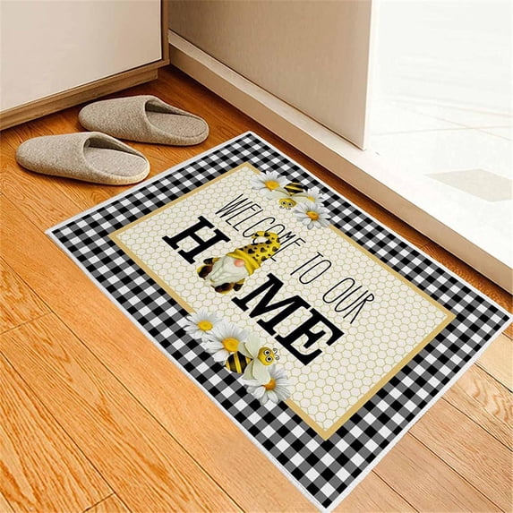 Bath Mat Bee Gnome Black White Plaid Welcome to Our Home Indoor Outdoor Doormat Front Door Mats Entryway Rugs Non-Slip Floor Mat Entrance Rugs Bath Rug Kitchen Rugs 18 x 30 in