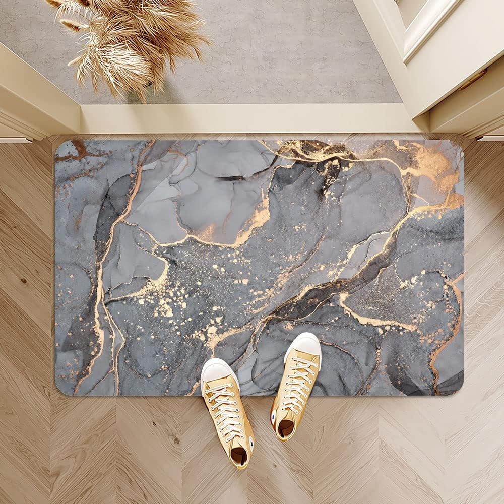 Bath Mat，Black Gold Shiny Marble Super Absorbent Fast Drying NonSlip