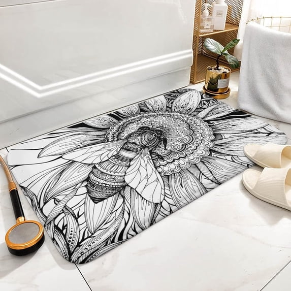 Bath Mat Black and White Bee Indoor Outdoor Doormat Durable Welcome Front Door Mats Entryway Rugs Non-Slip Floor Mat Entrance Rugs Bath Rug Kitchen Rugs 18 x 30 in