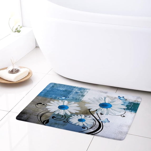 Bath Mat Blue Daisy Floral on Abstract Geometric Butterfly with Flower Outdoor Entrance Door Mat Non-Slip Bath Rug Bathmat Decor Small Area Rug Carpet Kitchen Door Mats Floor Mats 24 x16 Inch