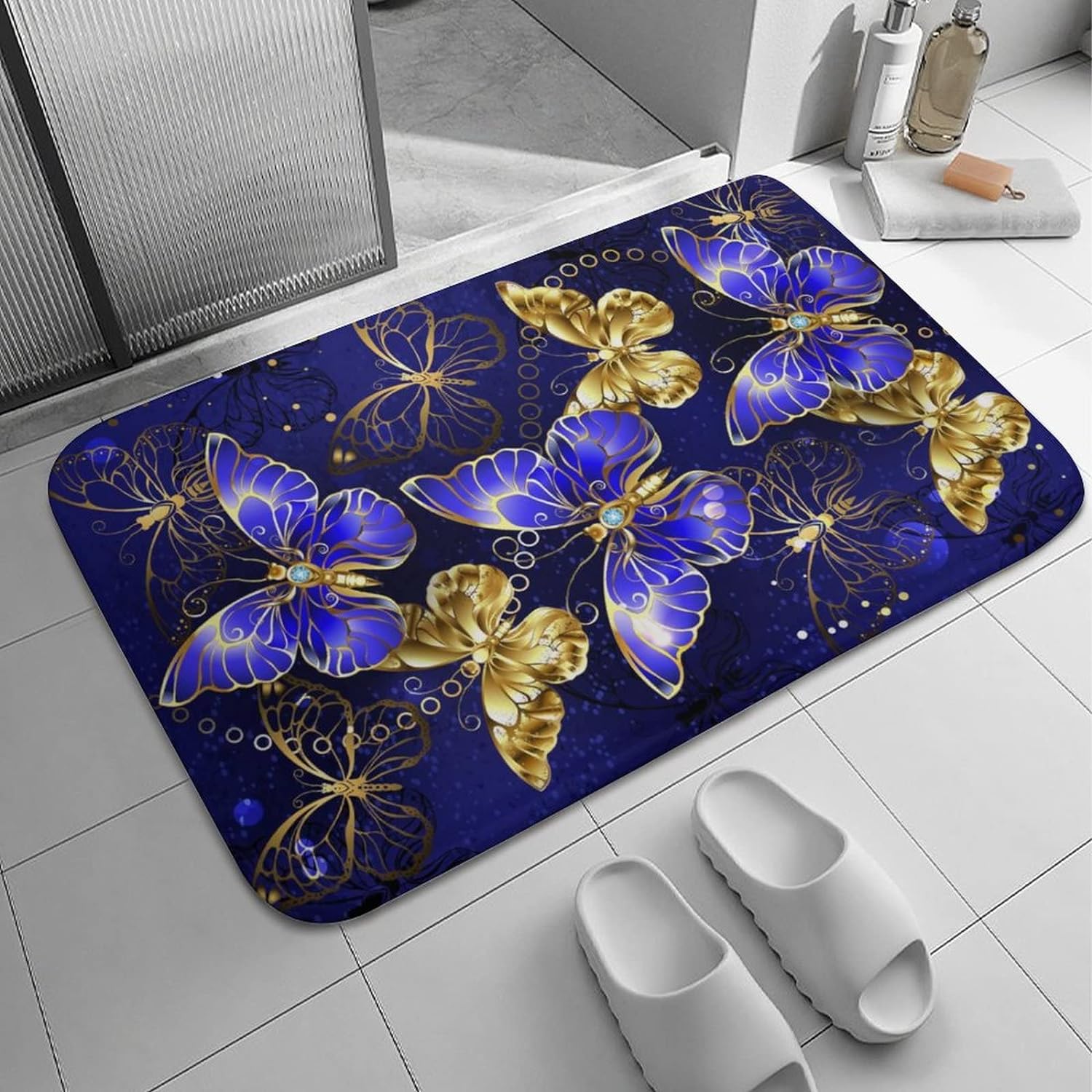 Bath Mat Blue and Gold Jewelry Butterflies Bathroom Rugs Non Slip ...