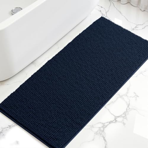 Bath Mat, Chenille Bath Rug, Soft Short Plush Bath Mat, Water Absorbent Shower Mat, Quick Dry, Machine Washable, Navy, 24' x 60'
