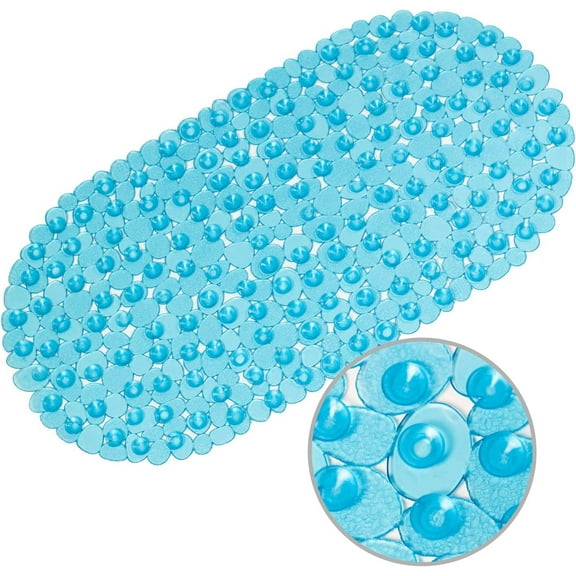 Bath Mat Clear Non-Slip Bathtub Mat with Suction Cups, Oval 27 x 14 inch, Vinyl, Blue
