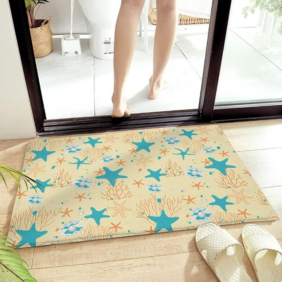 Bath Mat Coral Starfish Ocean Shell Summer Beach Quick Dry Bathroom Rugs Non Slip Absorbent Shower Rug Floor Mat for Bathroom, Bathtub,Sink,18x30 Inch