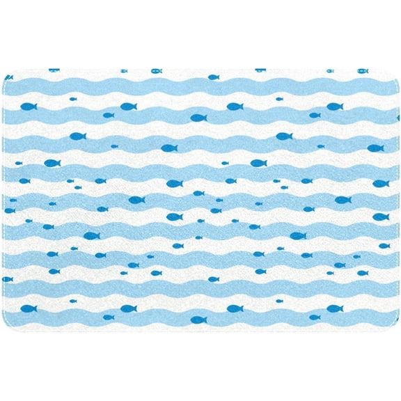 Bath Mat Cute Bathroom Rugs Non Slip Microfiber Bath Rugs Funny Bathroom Decor Little Fish on Blue White Wave Stripe 20x32Inch