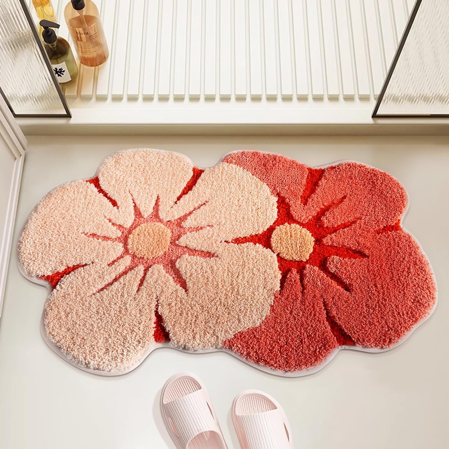Bath Mat, Cute Flower Bathroom Rugs with Soft Thickened Microfiber, Absorbent Quick Dry Non Slip Bathtub Floor Mat, Machine Washable Plush Shaggy Decor Mat for Shower Doorway 18x28 Inch