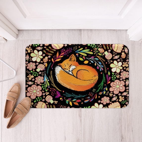 Bath Mat Cute Fox Colorful Flowers and Leaves Floor Plush Mats Bathmat Decor Small Area Rug Carpet Doormat Floor Rug Bathroom Rug Non-Slip Water Absorption Home Decor 32 x20 Inch
