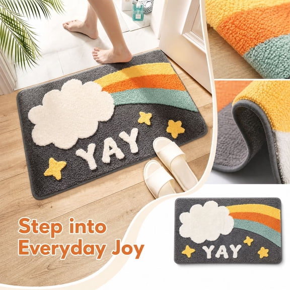 Bath Mat, Dark Grey Rainbow Cloud Star, Non Slip & Machine Washable, Ultra Soft Water Absorbent Plush Bathroom Rug, Fluffy Shower Mat for Bathroom Floor/Sink, 16×24, Cute Home Decor Accessories