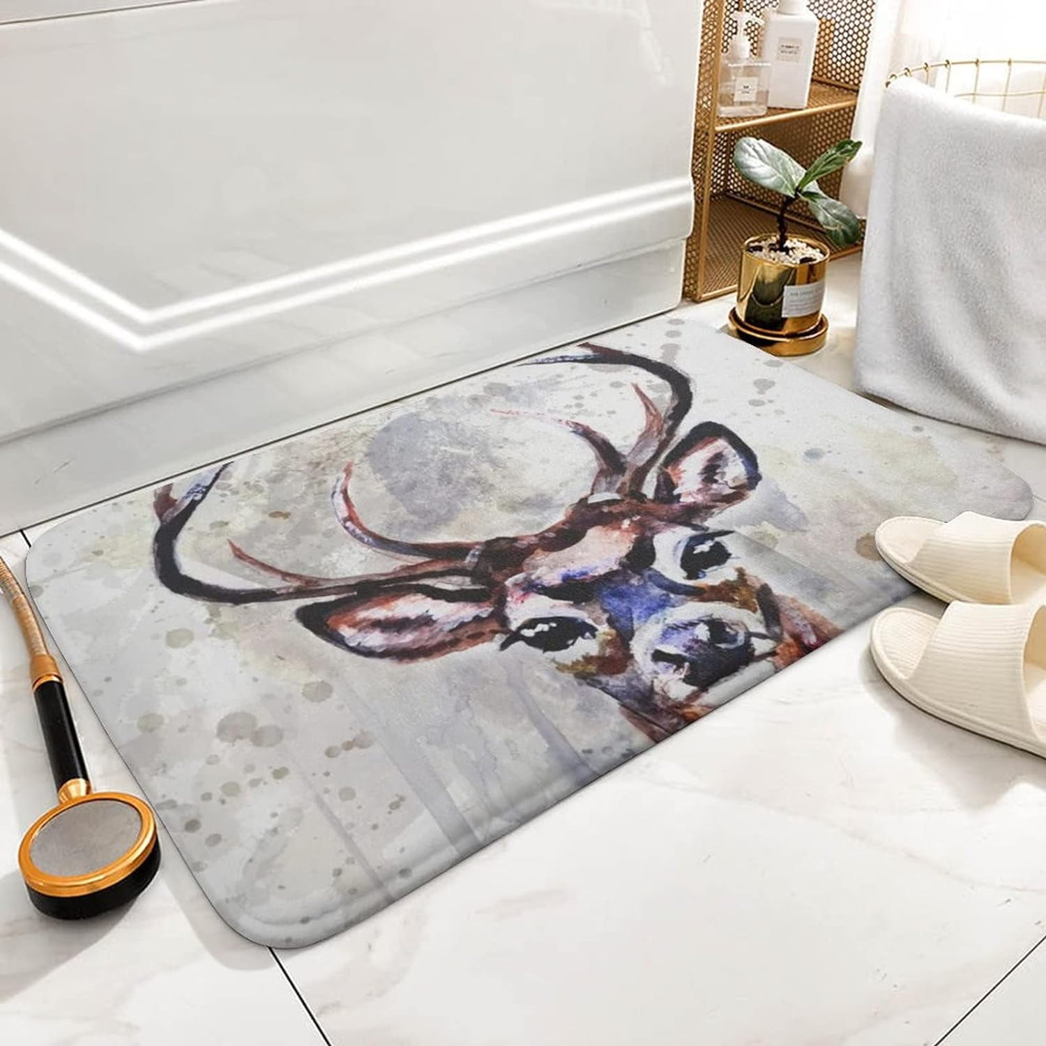 Bath Mat Deer Head Avatar Watercolors White Floor Plush Mats Bathmat