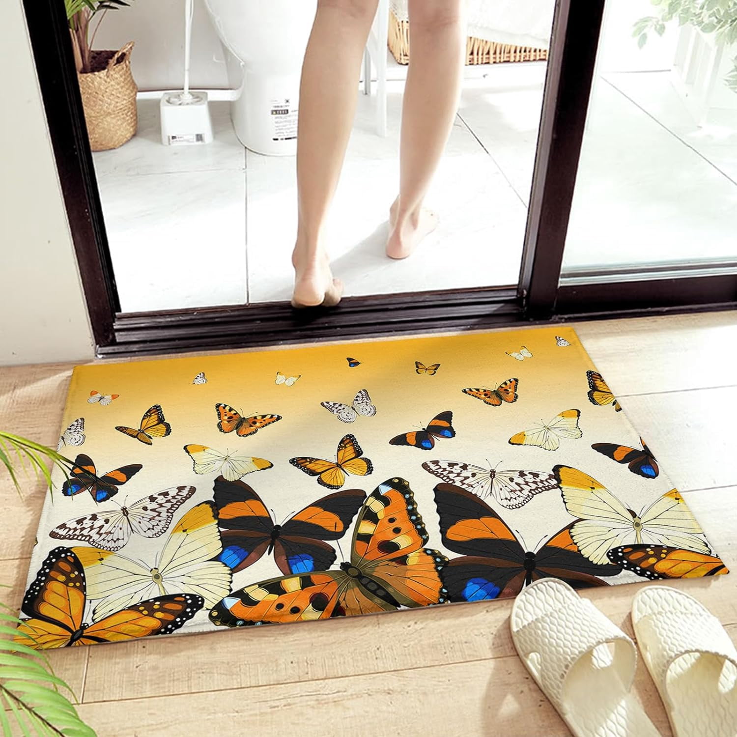 Quick-Dry Bath Mat 16"x24" - Non-Slip Rubber Backing, Super Absorbent, Blue & Gray Abstract Design