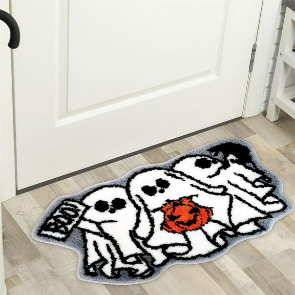 Bath Mat Ghost Pumpkin Bathroom Rug, Orange Ghost Spooky Pumpkin Bathroom Rug, Non-Slip Washable Bath Mats for Autumn Home Kitchen Entrance Decor, Bath Mats Fall Door Mat Cartoon