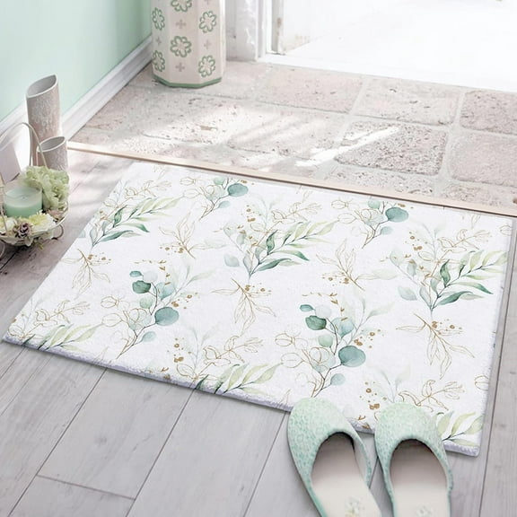 Bath Mat, Green Leaf Low Pile Handmade Rug, Non Slip Bathroom Rug, Absorbent Coral Velvet Floor Mat, Kitchen Decor, Modern Bath Rugs 18"X 30"