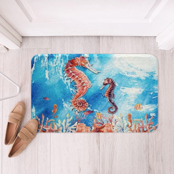 Bath Mat Hippocampus Watercolor Blue Tie Dye Ocean Indoor Outdoor Entrance Door Mat Non-Slip Bath Rug Bathmat Decor Small Area Rug Kitchen Door Mats Floor Mats 36 x24 Inch