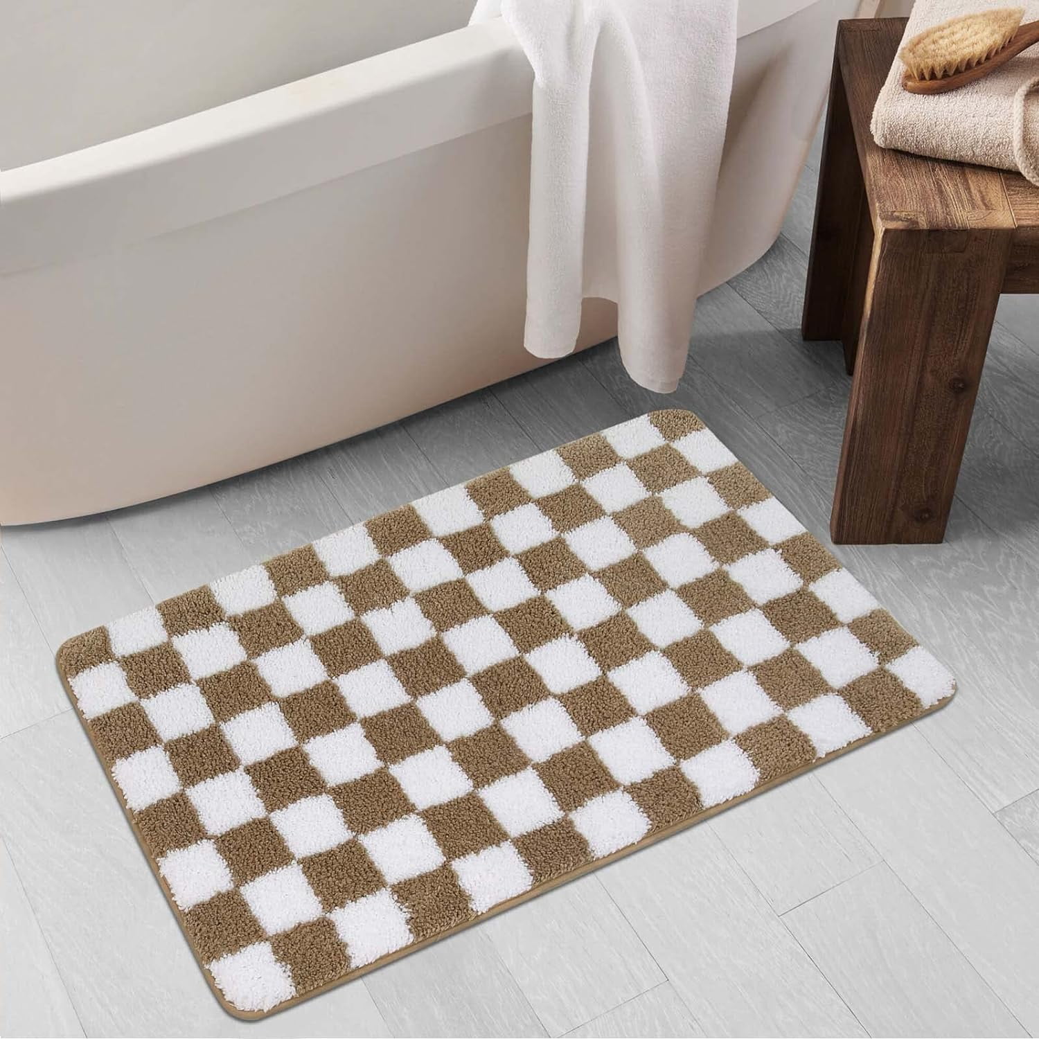 Bath Mat Khaki Checkered Bathroom Rugs Non Slip Water Absorbent Bath Rug Soft Microfiber Machine Washable Floor Mats for Tub Bathroom Indoor Doormat,20"x31"