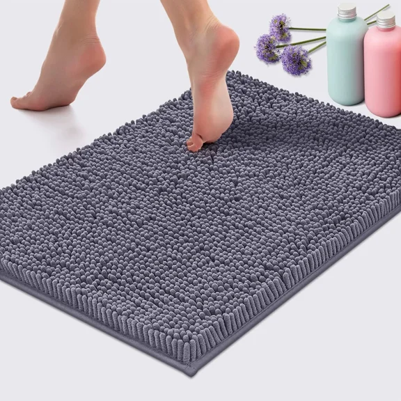 Bath Mat By LuxUrux-Extra-Soft Plush Bath Shower Bathroom Rug,1'' Chenille Microfiber Material, Super Absorbent Shaggy Bath Rug. Machine Wash & Dry (15 x 23, Dark Gray)