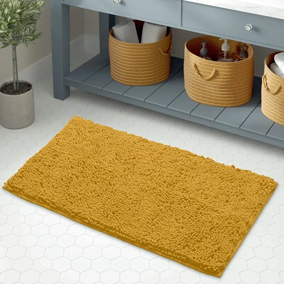 Bath Mat By LuxUrux-Extra-Soft Plush Bath Shower Bathroom Rug,1'' Chenille Microfiber Material, Super Absorbent Shaggy Bath Rug. Machine Wash & Dry (15 x 23, Lemon)