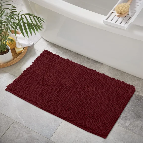 Bath Mat By LuxUrux-Extra-Soft Plush Bath Shower Bathroom Rug,1'' Chenille Microfiber Material, Super Absorbent Shaggy Bath Rug. Machine Wash & Dry (15 x 23, Maroon-red)