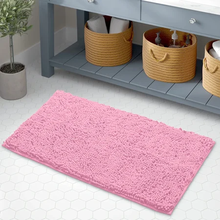 Bath Mat By LuxUrux-Extra-Soft Plush Bath Shower Bathroom Rug,1'' Chenille Microfiber Material, Super Absorbent Shaggy Bath Rug. Machine Wash & Dry (15 x 23, Pink)