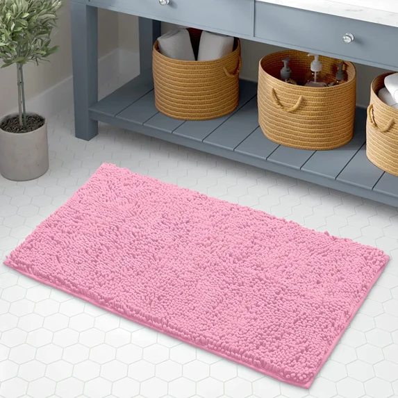 Bath Mat By LuxUrux-Extra-Soft Plush Bath Shower Bathroom Rug,1'' Chenille Microfiber Material, Super Absorbent Shaggy Bath Rug. Machine Wash & Dry (15 x 23, Pink)