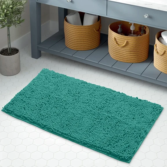 Bath Mat By LuxUrux-Extra-Soft Plush Bath Shower Bathroom Rug,1'' Chenille Microfiber Material, Super Absorbent Shaggy Bath Rug. Machine Wash & Dry (15 x 23, Turquoise)
