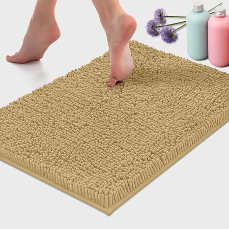 Bath Mat By LuxUrux-Extra-Soft Plush Bath Shower Bathroom Rug,1'' Chenille Microfiber Material, Super Absorbent Shaggy Bath Rug. Machine Wash & Dry ( 16 x 24, Beige)