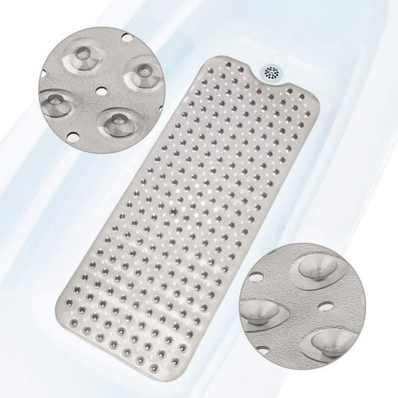 Bath Mat Non Slip, Anti-Bacterial Bathtub Shower Safety Anti Mould Mats, 200 Strong Suction Cups and Drain Holes, 100 x 40 cm Extra Long Mildew Resistant Machine Washable Bathroom Kids Mat-Grey